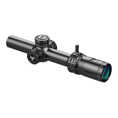 Swampfox Arrowhead 1-8x24mm SFP sikte med låsbare tårn, opplyst retikkel og bredt synsfelt, perfekt for selvforsvar og profesjonell bruk.