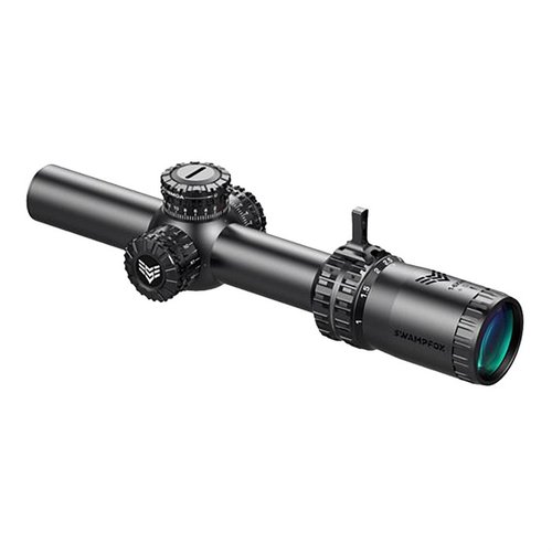 Swampfox Arrowhead 1-10X24 SFP har låsbare turrets, opplyste retikler, og et klart synsbilde, perfekt for selvforsvar og profesjonell bruk.