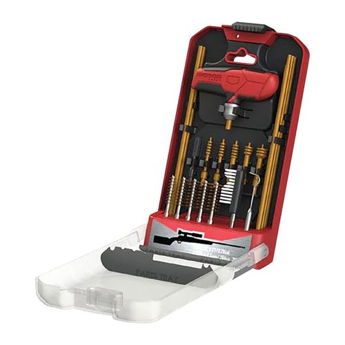 RIFLE CLEANING KIT fra Birchwood Casey er en 21-delt universal rengjøringsløsning med praktisk kickstand og låsemekanisme for verktøyene.