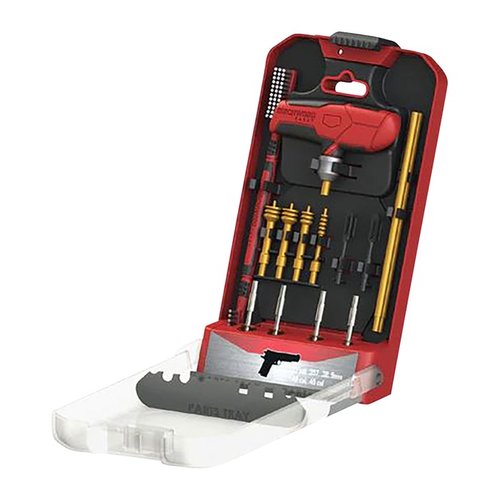 BIRCHWOOD CASEYs 16-dels universal handgun cleaning kit har et tilpasset håndtak med låsefunksjon, innovativt design og inkluderer alt nødvendig utstyr for rengjøring.