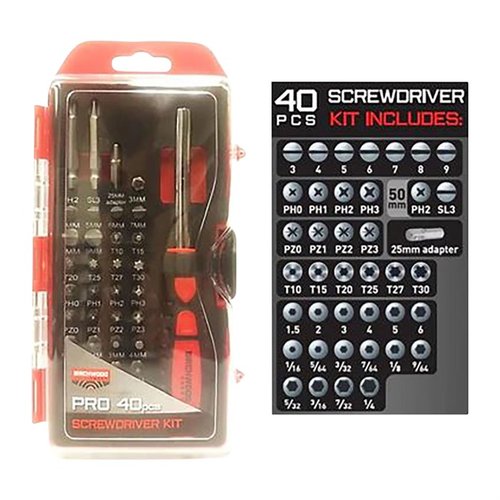 PRO SKRUTREKKERSETT fra BIRCHWOOD CASEY med 40 deler, inkludert Slotted, Philips, Pozidriv, Torx og Hex, perfekt for alle dine skruetrengsler.