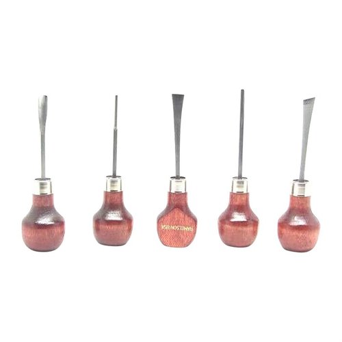 UJ Ramelsons 5-delte palm woodcarving-set tilbyr høykvalitets verktøy i W-1 Tool Steel med hardhet 58-62, perfekt for presisjons trebearbeiding.