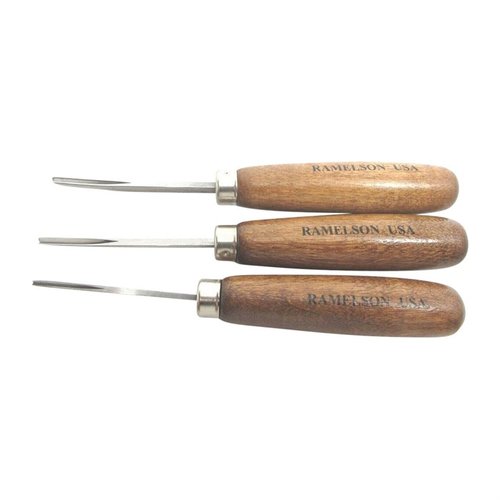 VEINER LINE RESTORATION GUN STOCK TOOLS er et 3-delt sett med bøyd V-verktøy, perfekt for å oppdatere linjer og design med håndtak i hvit bjørk.