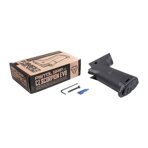 Strike Industries Pistol Grip for CZ Scorpion EVO gir bedre ergonomi med 15 graders vinkel, teksturert grep, og mulighet for håndstipling.