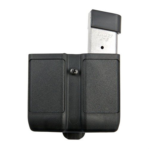 Blackhawk Double Mag Case har en innebygd spenningsfjær som sikrer to single stack magasiner, med justerbar beltespenne og slank profil for komfort.