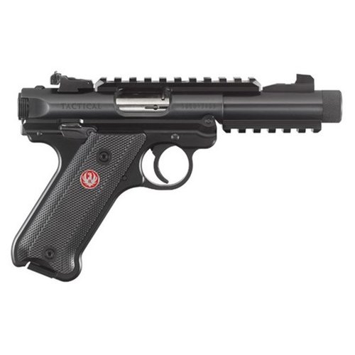 Ruger Mark IV™ Tactical 22 LR har enkel én-knapps nedtak, presis CNC-maskinert grep, 4.4" gjengestang og Picatinny-skinner for enkel montering av optikk.
