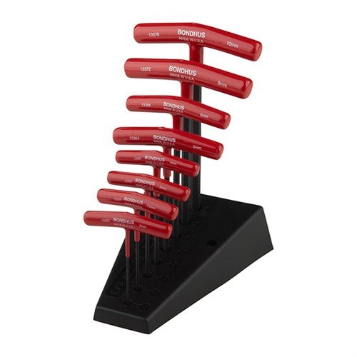 BONDHUS T-HANDLE HEX TOOL SET tilbyr solide stålhåndtak, ergonomisk design og en flywheel-effekt som sparer tid. Settet inkluderer 8 mm størrelser fra 2 til 10 mm.