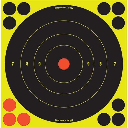 SHOOT-N-C® TARGET, 8" BULLSEYE, 30 PACK gir umiddelbar synlighet av treff med fluorescerende halo, selvklebende bakside og inkluderer reparasjonslapper.