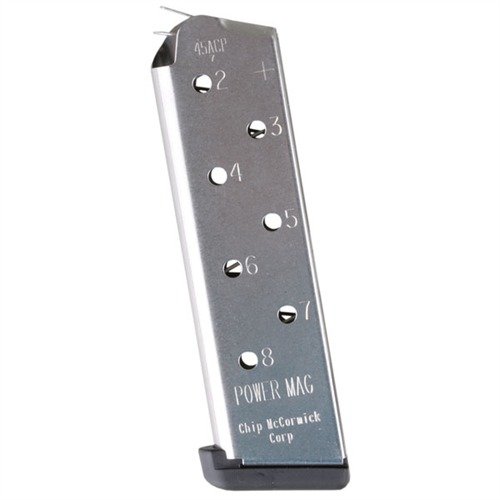 Chip McCormick 1911 8RD 45ACP Power Plus Magazine gir pålitelig mating med avansert anti-tilt follower og ekstra kapasitet for konkurranse og selvforsvar.