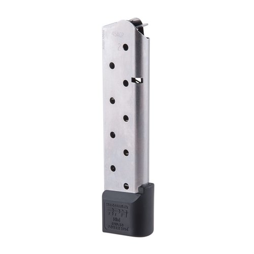 Chip McCormick 1911 RPM magasin 10RD 45ACP har en ny feed lip-konfigurasjon for ekstremt pålitelig mating, med rustfritt stål og høy holdbarhet.