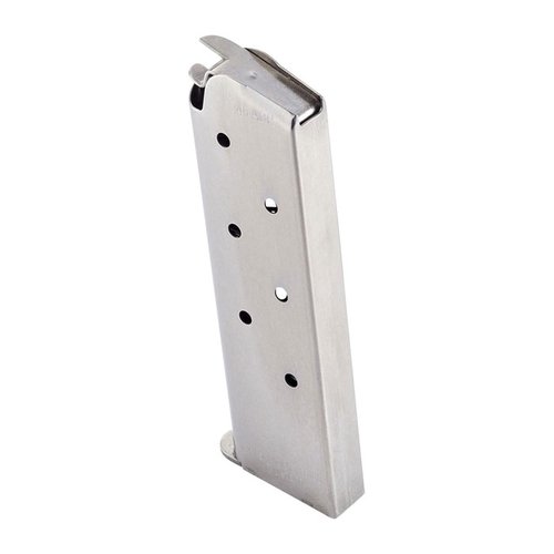 .45 ACP Classic 1911 magasin med 7 skuddkapasitet, laget av slitesterk rustfritt stål, med visuelle hull for rundetelling og ekstra kraftfjær for langvarig ytelse.