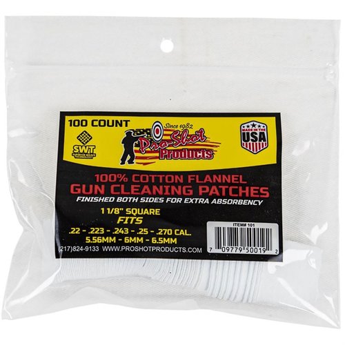 .22-.270 CAL. 100CT. PATCHES fra PRO SHOT PRODUCTS, INC gir effektiv rengjøring av våpen med høy kvalitet og holdbarhet for optimal ytelse.