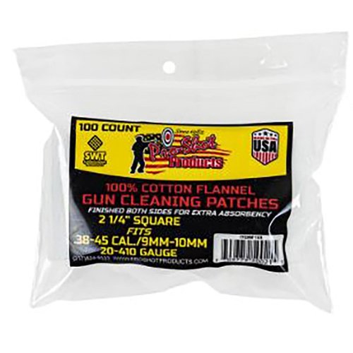 .38-.45 CAL./20-.410GA. 100CT. PATCHES fra PRO SHOT PRODUCTS, INC gir effektiv rengjøring og vedlikehold av våpen med presisjon og kvalitet.