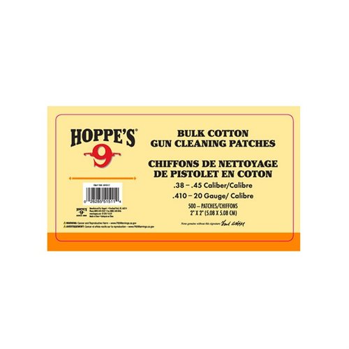 HOPPE'S PATCH .38-.45 CAL, .410-20 GA gir effektiv rengjøring av våpen med presise størrelser og høy kvalitet, perfekt for både hobbyister og profesjonelle.