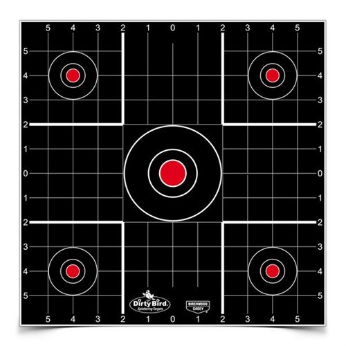 Dirty Bird 12" Sight-In Target er ideell for justering av våpenkikkerter med fem måltavler og 1" rutenett, perfekt for å teste ulike ballistiske ladninger.