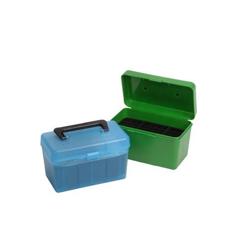 MTM Deluxe Ammo Box rommer 50 patroner, har håndtak for enkel transport og er perfekt for 300 WSM og 300 Rem Ultra Mag. Ideell for jegere og skyteentusiaster.