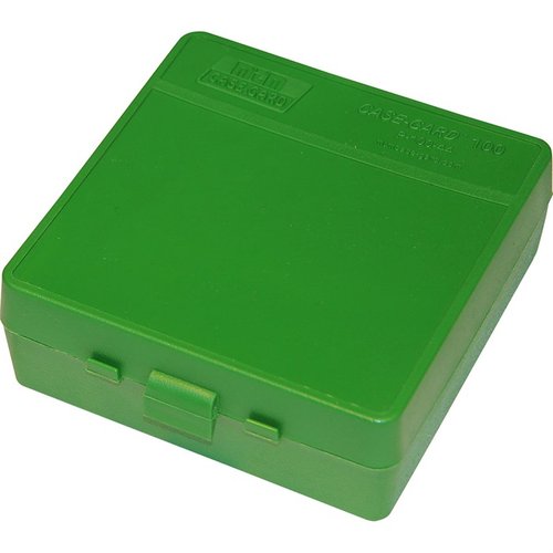 MTM Ammo Box 100 Round Flip-Top for 41, 44 og 45 LC gir sikker oppbevaring og enkel tilgang til ammunisjon, perfekt for skyting og jakt.