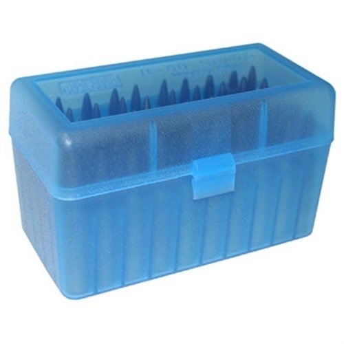MTM Ammo Box 50 Round Flip-Top holder 50 patroner, ideell for 300 WSM, 45-70 og 7mm R SAUM. Robust design og enkel tilgang til ammunisjon.