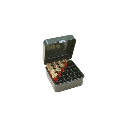 MTM Shotshell Box rommer 25 patroner, har flip-top lokk for enkel tilgang, og passer til 12 og 20 gauge opp til 3 tommer, perfekt for skyteentusiaster.