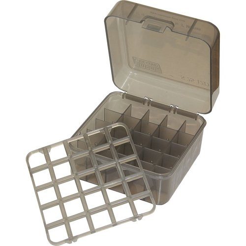 MTM Shotshell Box rommer 25 patroner, har flip-top lokk for enkel tilgang, og passer til 12 og 20 gauge opp til 3 tommer for effektiv oppbevaring.