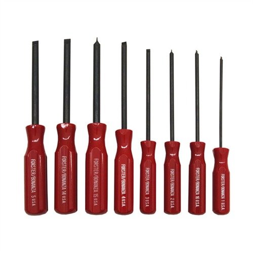 Forster Gunsmith Screwdrivers har parallel ground tips for perfekt passform, herdet stål for holdbarhet, og ergonomiske håndtak for komfort under bruk.