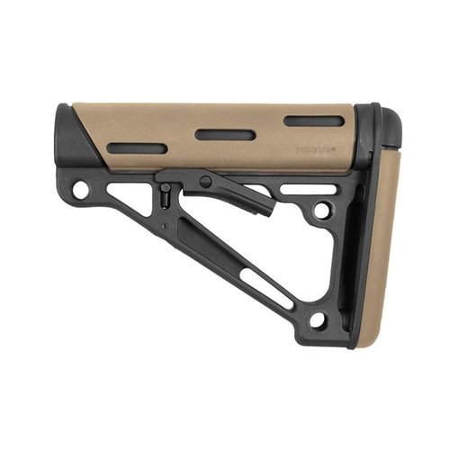 Hogue's OverMolded® sammenleggbare buttstock har forsterket polymerkonstruksjon, gummikinnstøtte og anti-rattle passform for optimal stabilitet og komfort.