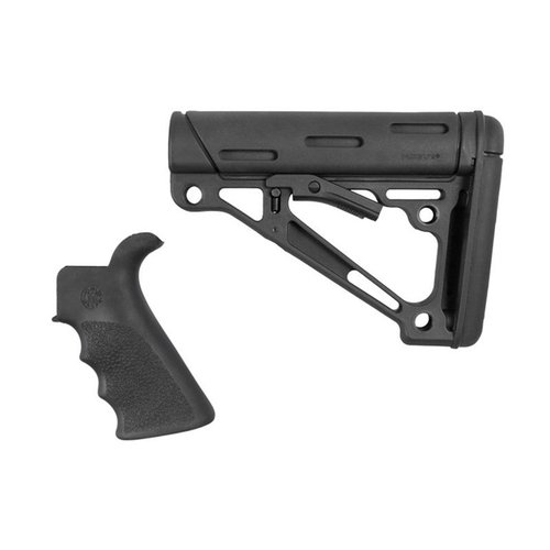 Hogue's 2-delte kit tilbyr et fingergrovet beavertail gummigrep og en sammenleggbart buttstock, designet for komfort, stabilitet og flere festepunkter.