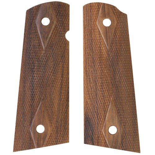 HOGUE 1911 SQUARE BOTTOM GRIPS gir ekstra lengde for pistoler med tilleggs mag wells, uten gap og med komfortabelt grep for bedre kontroll og recoil.
