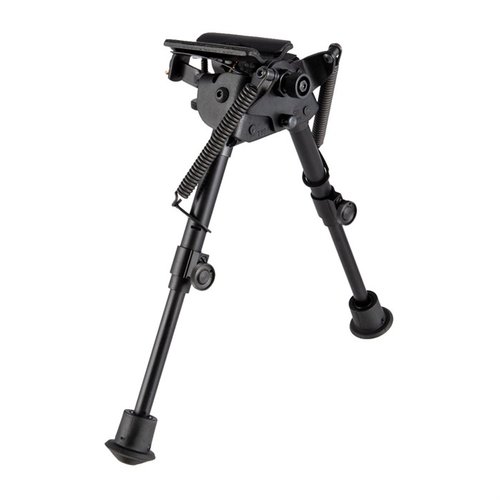 Harris selvnivellerende bipod 6-9" gir rask justering på ujevnt terreng, med justerbar høyde og låsemekanisme for stabilitet.