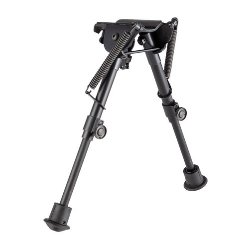 Harris selvnivellerende bipod 6-9" gir rask justering på ujevnt terreng, med justerbar høyde og låsemekanisme for stabilitet.