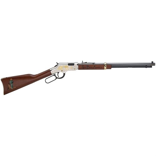 Henry Golden Boy God Bless America Edition 22 LR har en vakker nikkelbelagt receiver, 20" blued octagonal barrel og imponerende graveringer som hyller amerikansk frihet.