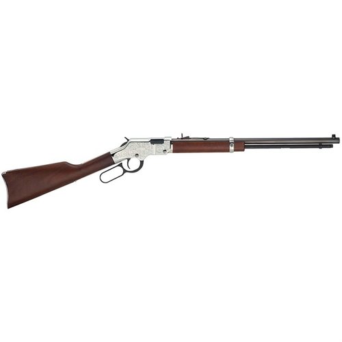 Henry Silver Eagle 17 HMR er en vakker rifle med 20" oktagonal løp, nickelbelagt receiver og inngravert design, perfekt for jakt og målskyting.