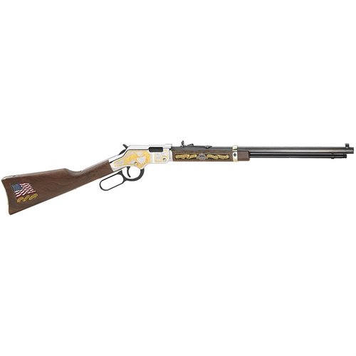 Henry Repeating Arms Golden Boy Military Service Tribute er en elegant .22 LR rifle med 20" blued octagon barrel, 16 skudds magasin og vakker amerikansk valnøttskjefte.