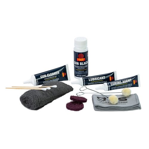 GUN BLACK KIT fra Shooter's Choice gir en vakker, slitesterk finish for oppfriskning eller fullstendig re-blackening, med alt nødvendig utstyr inkludert.