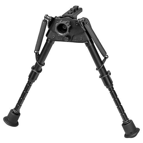 S-BRM-MLOK BIPOD fra HARRIS er ultralett, justerbar fra 6" til 9", med noterte ben for rask utplassering og svivel for ujevnt terreng.