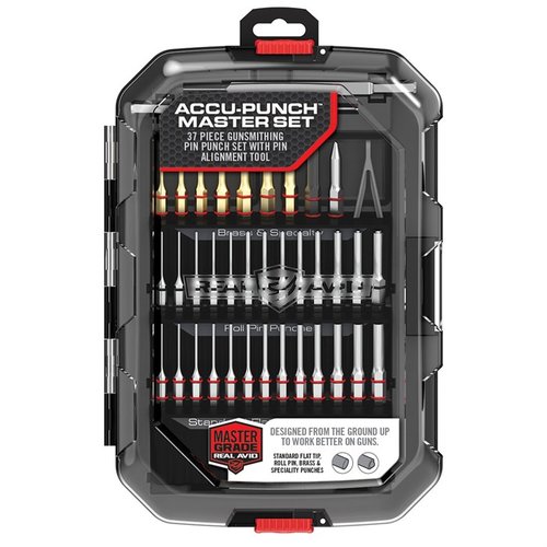 ACCU-PUNCH MASTER SET fra REAL AVID tilbyr presise verktøy for gunsmithing med herdet stål, korrosjonsbeskyttelse og et unikt Pin Alignment Tool for enkel bruk.