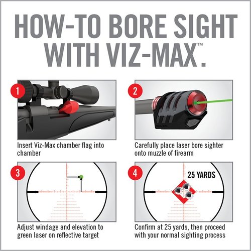 VIZ-MAX BORE SIGHTER gir en enkel og presis måte å bore siktet på riflen din, med en kraftig grønn laser for maksimal synlighet og rask målretting.