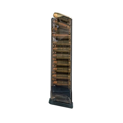 ETS gjennomskinnelige polymer magasiner gir pålitelighet, lettvektsdesign og er konkurranselovlige, perfekt for Glock .40 S&W modeller 22-35.