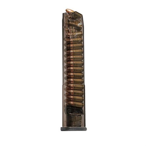 HECKLER & KOCH VP9 magasiner har en flush fit, tilgjengelig i 17, 21 og 30 skudd, med ekstrem slagmotstand og gjennomsiktig kropp for enkel ammo-synlighet.