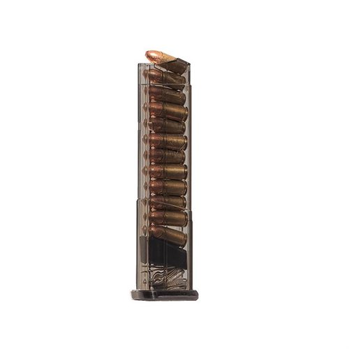 Smith & Wesson 9mm Shield magasiner med 12-runders kapasitet, ekstrem slagmotstand, kjemikaliebestandig og gjennomsiktig kropp for enkel ammooversikt.