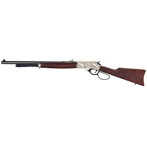 Henry Repeating Arms Wildlife Edition 30-30 rifle har en lett stålramme, 20" løp, 5 skudds magasin, og vakker gravering med gulldetaljer for enestående jaktopplevelse.