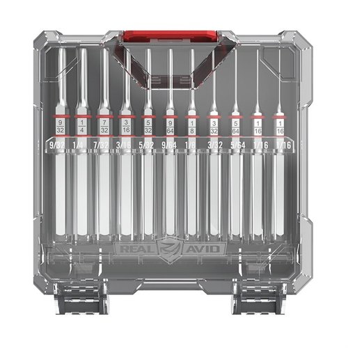 ACCU-PUNCH 11-delt Standard Pin Punch Set er laget av herdet stål med nikkelfinish for korrosjonsbeskyttelse, og gir presis kontroll med hex-håndtak og gummiringer.