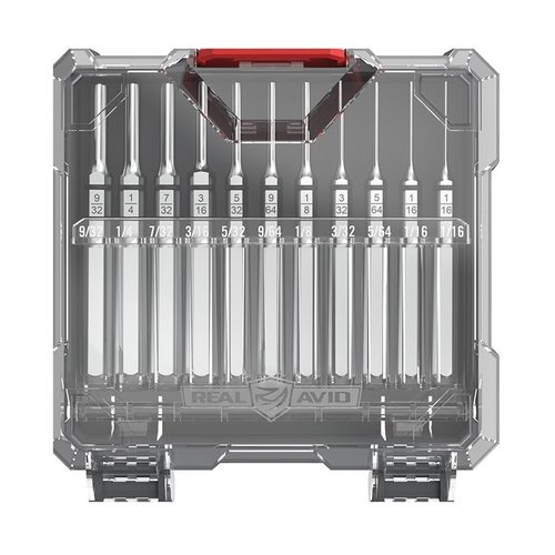 ACCU-PUNCH 11-delt Roll Pin Punch Set fra REAL AVID gir presis kontroll og holdbarhet med herdet stål og nikkelfinish, perfekt for våpenmodifikasjon.