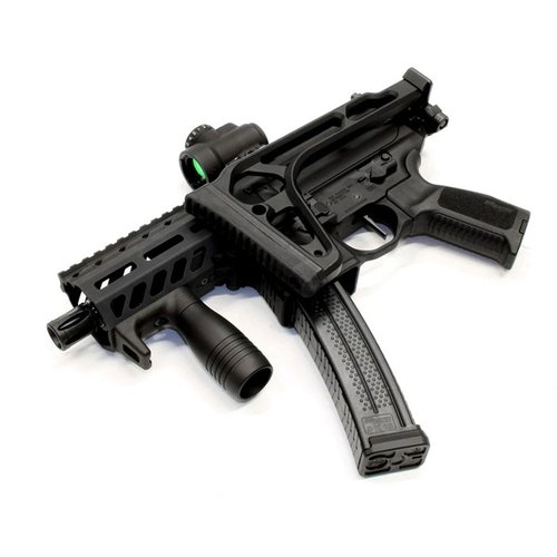 Modulær vertikal forgrep med integrert håndstopp, kompatibel med pistoler og karabiner, laget av rustfritt stål med lavglans anodisert finish.