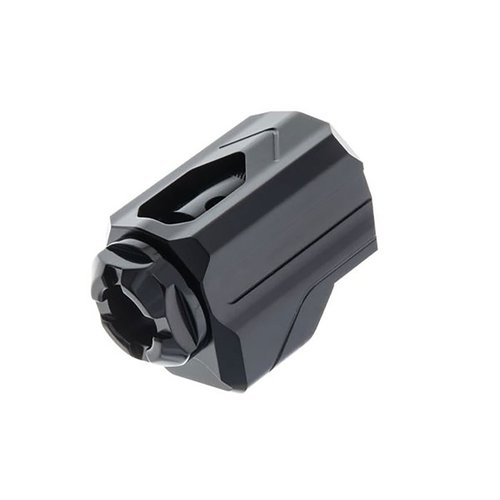 Tyrant Uni-Comp er en universal 9mm compensator som reduserer rekyl og løft, passer ½-28 gjenger, og installeres enkelt uten skruer.
