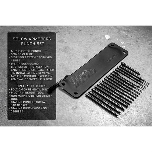 SOLGW Armorer's Punch Set inkluderer 16 QPQ-behandlede verktøy, inkludert Flat Tip Punches og Roll Pin Punches, perfekt for presisjonsarbeid på våpen.