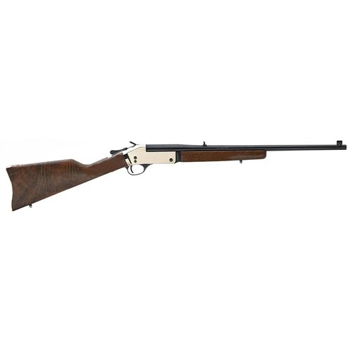Henry Single Shot Rifle i polert messing med 22" løp, justerbare sikter, ekte amerikansk valnøtt, og sikker rebounding hammer for presis jakt.