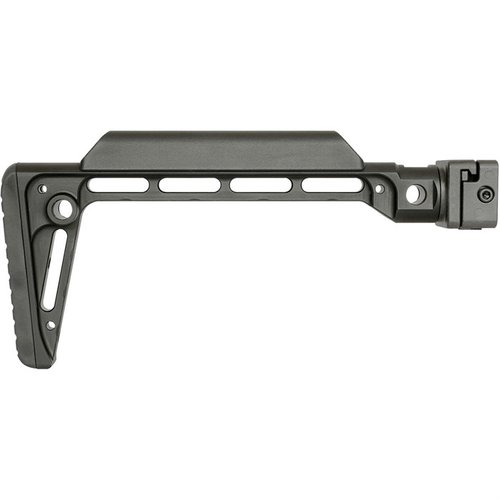 MINIMALISTIC SIDE FOLDING STOCK har en robust mekanisme i 4140 stål, 5 QD sling festepunkter, og et komfortabelt design i Hard Coat Anodized 6061 Aluminium.