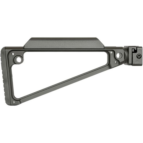 TRIANGLE SIDE FOLDING STOCK har en robust mekanisme, konfigurerbar for høyre eller venstre, og gir komfort med polymer kinnstykke og gummiert bakstykke.
