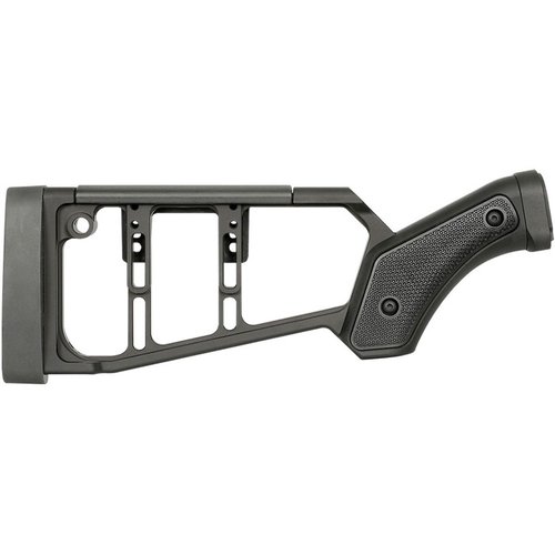 Mossberg 590 shotgunstokk med justerbar polymer kinnstøtte, ambidekster design, redusert rekyl, M-LOK® kompatibilitet og livstidsgaranti.